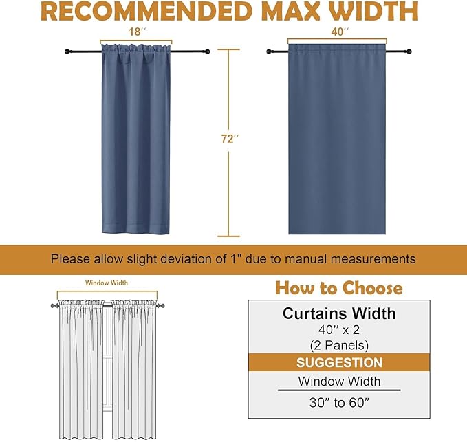 Aiyufeng Denim Blue Blackout Curtains for Bedroom 72 Inch Length 2 Panels, Privacy Thermal Insulated Rod Pocket Door Window Curtains for Patio French Door Front Door, W40 x L72 Inch, Denim Blue