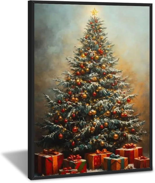 Vintage christmas wall art winter pine tree canvas poster xmas tree gift prints painting festive mood background wall decoration for living room bedroom black framed16x24inch