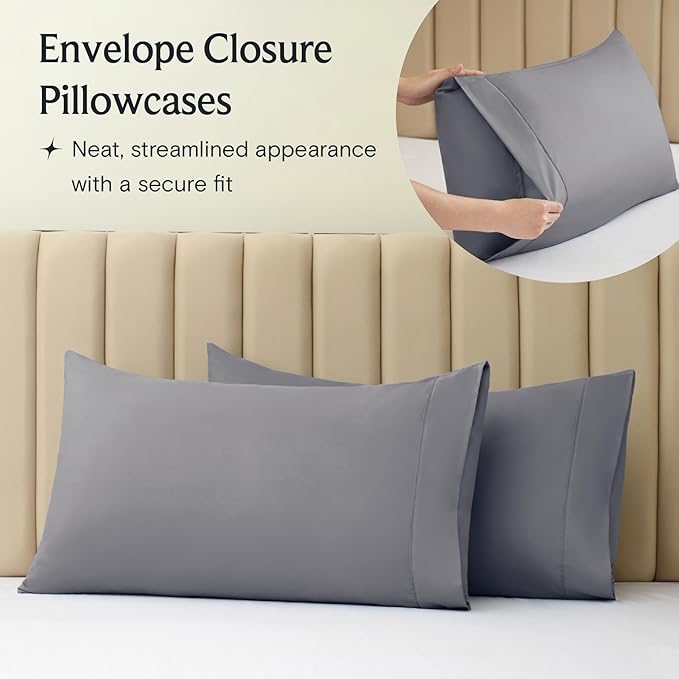LuxClub 5 PC Split King Sheet Set Sheets Deep Pockets Wrinkle Free Cooling Sheets Machine Washable Hotel Bedding Silky Soft - Light Grey Split King