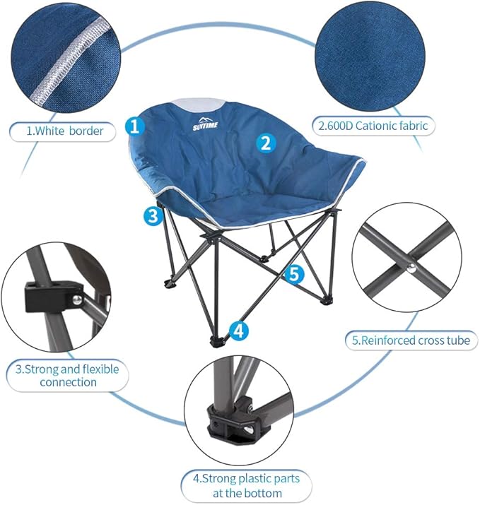 OUTDOOR LIVING SUNTIME Oversized Padded Camping Chair,Portable Comfy Outdoor Folding Moon Round Saucer Chairs for Adults with Holder and Carry Bag, Perfect for Hiking Lawn Patio Sports(Blue 2 Pack)