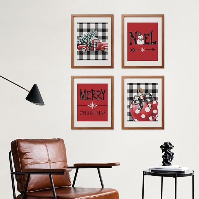 ETVISO Christmas Decor, Christmas Red Wall Art Prints Set of 4, Retro Vintage Xmas Poster, Winter Holidays Gift Print Decor for Gallery Living Room Bathroom, 8x10 (Unframed)