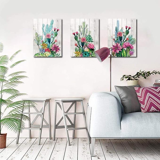 3 Piece Framed Wall Art Watercolor Tropical Plant Desert Cactus Canvas Print for Bedroom Bathroom Spiny Flower Artwork Home Office Wall Decoration 12x16 3 panels Decor