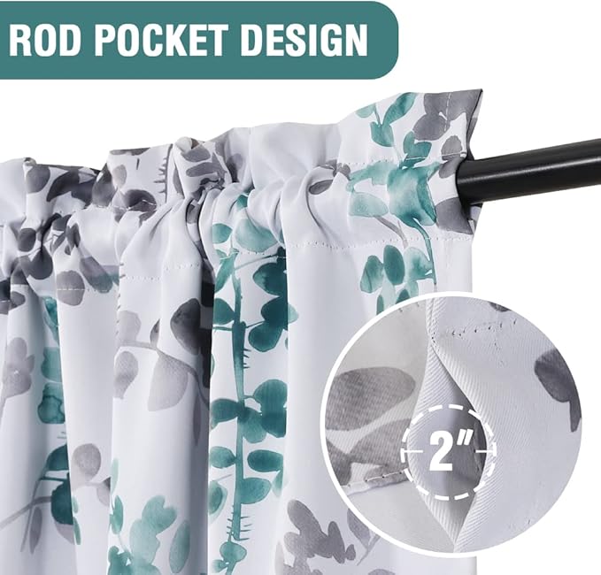H.VERSAILTEX Floral Curtains 63 Inches Long Printed Pattern Room Darkening Curtains for Bedroom Rod Pocket Window Treatment Curtains, 2 Panels, Classical Floral Grey and Turquoise