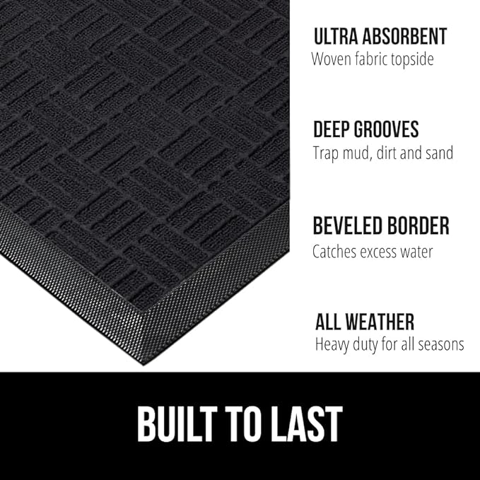 GORILLA GRIP 100% Waterproof All-Season WeatherMax Doormat 35x23, US Designed Natural Rubber, Stain and Fade Resistant, Low Profile Indoor Outdoor Door Mats, Easy Clean Patio Mat, Midnight Maze