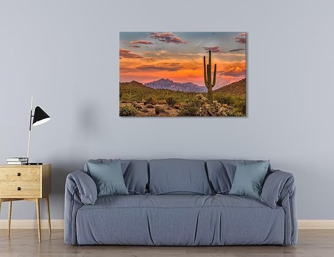 Sunset in the Sonoran Desert Wall Art for Living Room Bedroom Bathroom Home Decorations Cactus Picture Poster Canvas Prints Desert Artwork Framed Ready to Hang(18''H x 24''W)