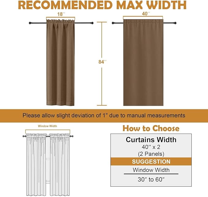 Aiyufeng Brown Blackout Curtains for Bedroom 84 Inch Length 2 Panels Set, Solid Thermal Insulated Privacy Living Room Window Treatment Curtains Blackout Drapes, W40 x L84 Inch, Brown