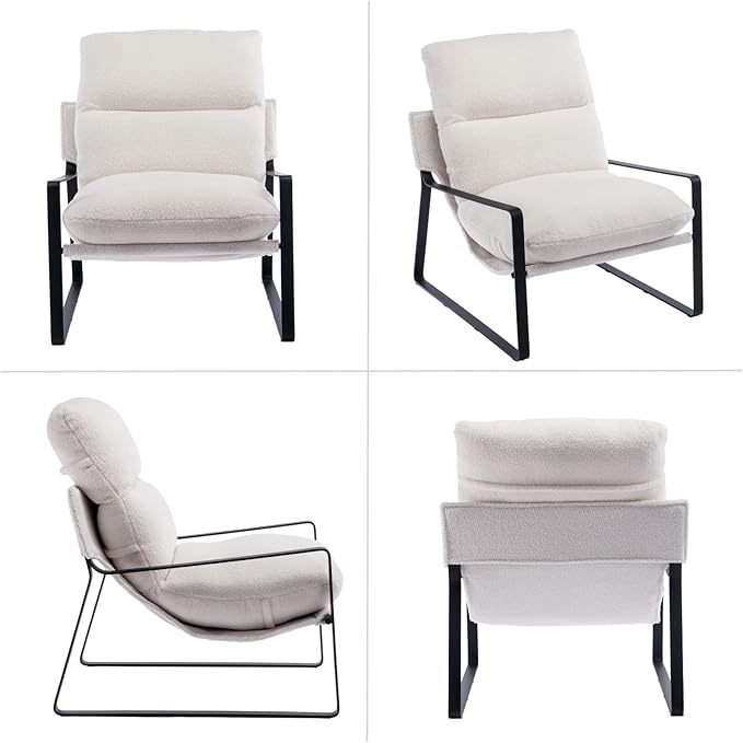 HEAH-YO Modern Accent Chair Set of 2, Upholstered Sherpa Living Room Chair with Backrest and Metal Frame, Comfy Reading Chair for Bedroom, White