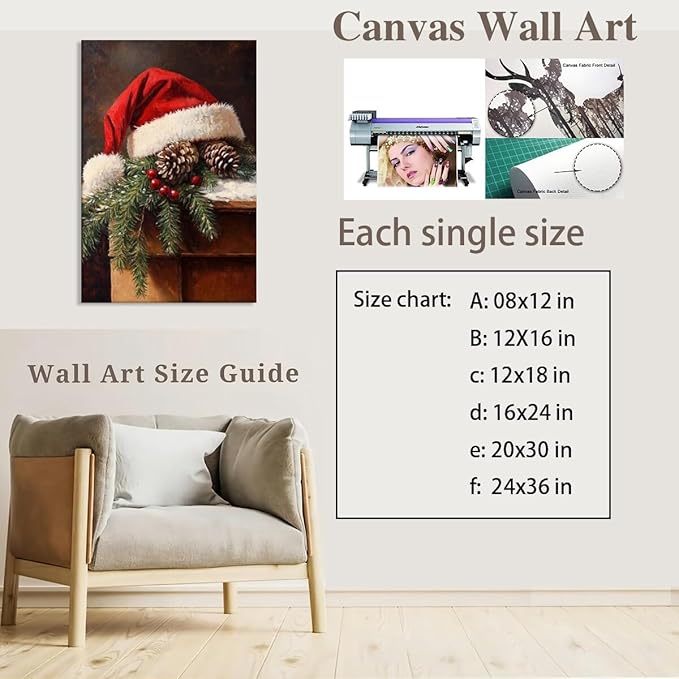 Vintage christmas wall art santa hat painting pine cone winter cottagecore canvas poster for christmas home decor bedroom living room Framed8x12inch
