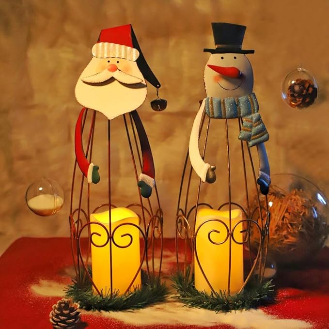 MorTime 2 Pack Christmas Candle Lantern with LED Lights, Metal Lighted Santa Claus Lanterns for Christmas Holiday Home Decorations