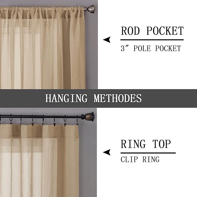 Tollpiz Short Sheer Curtains Living Room Linen Textured Curtain Sheers Light Filtering Voile Rod Pocket Curtains for Bedroom, 38 x 45 inches Long, Beige, Set of 2 Panels