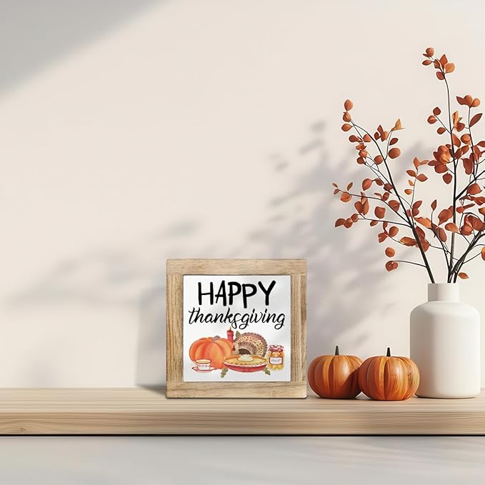 Happy Thanksgiving Wood Signs, Fall Decor Art, Decorative Wooden Plaque for Office Home Party Decors, Pumpkin Decoration, Thanksgiving Gift, Box Sign Wood Desk Sign Decor 5.9X5.9X0.7inches