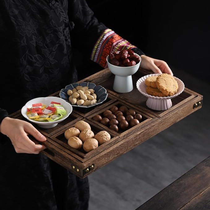 Rustic Wooden Serving Trays with Handle, Serving Platters, Charcuterie Board Set of 7 Nesting Food Trays for Serving Food, Home Decor, Breakfast, Coffee Table, Bed Tray, Picnic