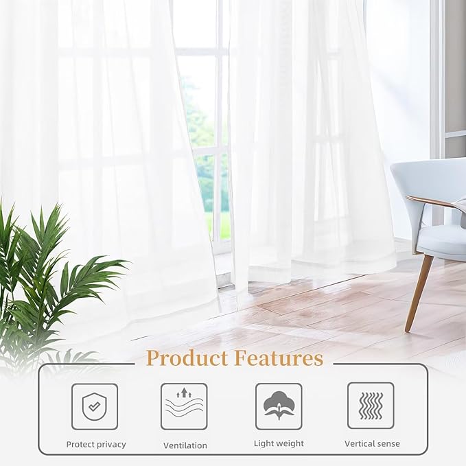 White Sheer Curtains 63 Inches Long 2 Panels, Rod Pocket Short Curtain for Kitchen, Bedroom, Cafe Window(White 38" W x 63" L)
