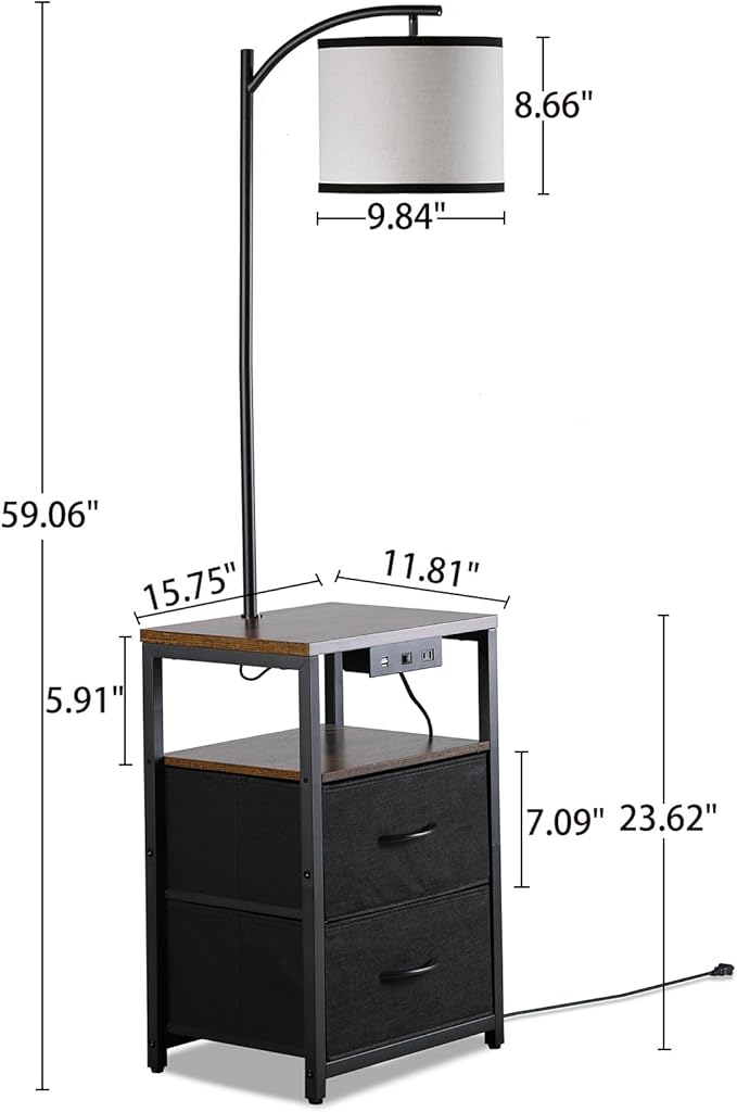 SUNMORY Floor Lamp with Table & 2 Drawers, Lamp with USB Port and Outlet, Nightstand with 3 Color Temperature Led Bulb Included, Floor Lamps for Living Room, Bedroom and Home Office, Rustic Brown