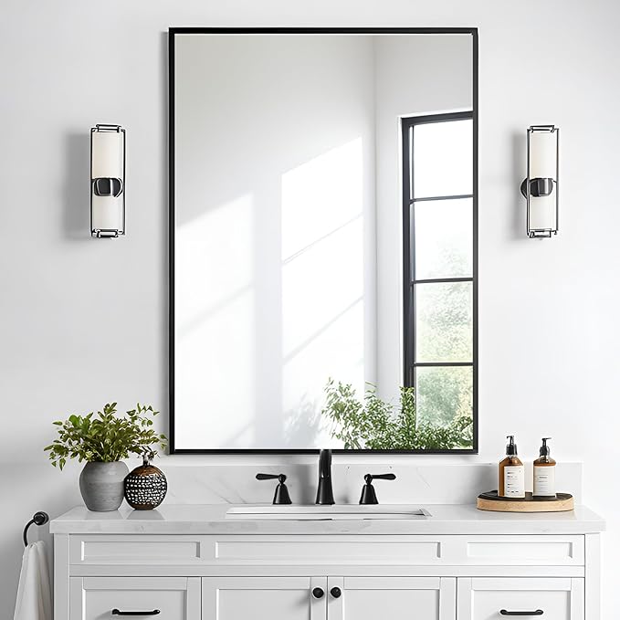 Bathroom Mirror 28x36 Inch, Black Frame Mirror 28"x36", Rectangle Wall Mounted Mirror, Metal Framed Vanity Mirror for Wall 28 by 36, Modern Mirror Hangs Horizontal Or Vertical