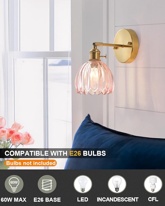 Plug in and Hardwired Wall Sconces, Luxury Vintage Tulip Crystal Glass Shade Wall Light with Switch for Bedside Bedroom Living Room (Tulip-Pink, 1)