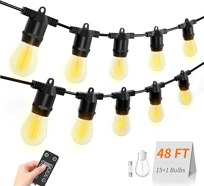 48FT LED Outdoor String Lights, S14 IP65 Waterproof Patio Lights, Edison Shatterproof Bulbs with Remote Control Vintage Backyard Light, Garden, Deck Light