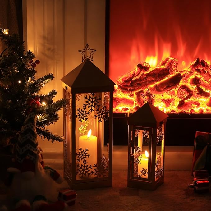 NEEDOMO Christmas Decorations Outdoor&Indoor, 17''/12'' Metal Candle Lantern Decor,Christmas Lanterns with Snowflakes Stars and LED Candle for Home Porch Patio Table Centerpieces, Xmas,No Glass
