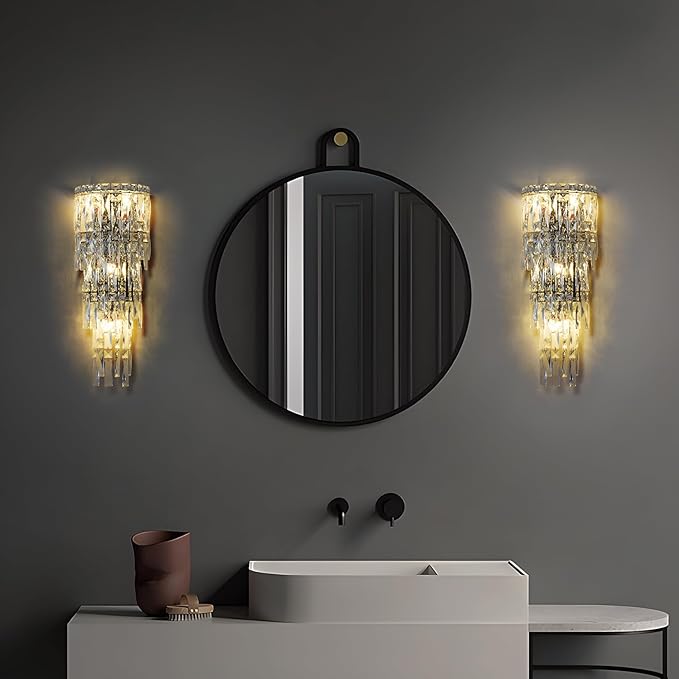 Wall Sconces,Modern Crystal Wall light Fixtures Indoor Luxury Chrome Wall Lamp,K9 Acrylic Crystal Drops Wall Lamp,Elegant Wall Lighting for Bedroom Bathroom Hallway Living room Mirror Bedside