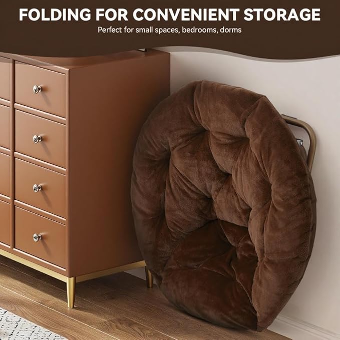 Magshion Saucer Chair for Adults, Comfy Living Room Lounge Chair for Bedroom Corner, Dorm, Apartment, Faux Fur Fluffy Circle Accent Seat with Thick Padded & Folding Metal Frame (Brown)