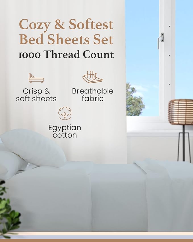 Good Sleep Bedding King Sheets Sets - 4 Pc, 100% Egyptian Cotton King Size Sheets Set, 1000 TC Luxury King Sheets Deep Pocket 16 Inch, Soft Hotel Style Sheets King Size with Pillowcases - Light Blue