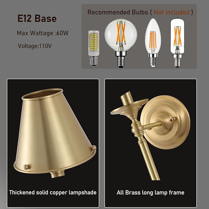 Brass Wall Sconce Modern Gold Bathroom Wall Lighting Vanity Light Fixtures Solid Copper Shade Industrial Wall Mount Lights for Bedroom Living Room E12 1-Light