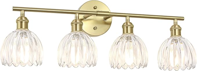 Vintage Bathroom Light Fixtures,4-Light Hardwired Vanity Lights Over Mirror,Gold Wall Sconces with Clear Tulip Glass Shade for Bathroom Living Room,E26 Socket(Bulbs Not Included)