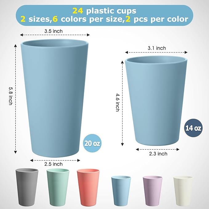24 Pcs Unbreakable Plastic Cups Set, 12 Pcs 14 oz and 12 Pcs 20 oz Reusable Plastic Cups, Stackable Water Tumblers, Drinking Cup for Kitchen, BPA-free, Dishwasher and Microwave Safe, 6 Colors