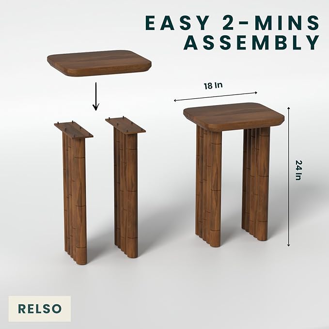 Bambos End Table - Solid Mango Wood Side Table with Bamboo-Inspired Legs | Handcrafted Accent Table for Living Room, Bedroom, Entryway | Easy Assembly, Sturdy, Compact & Durable Design | Walnut Finish