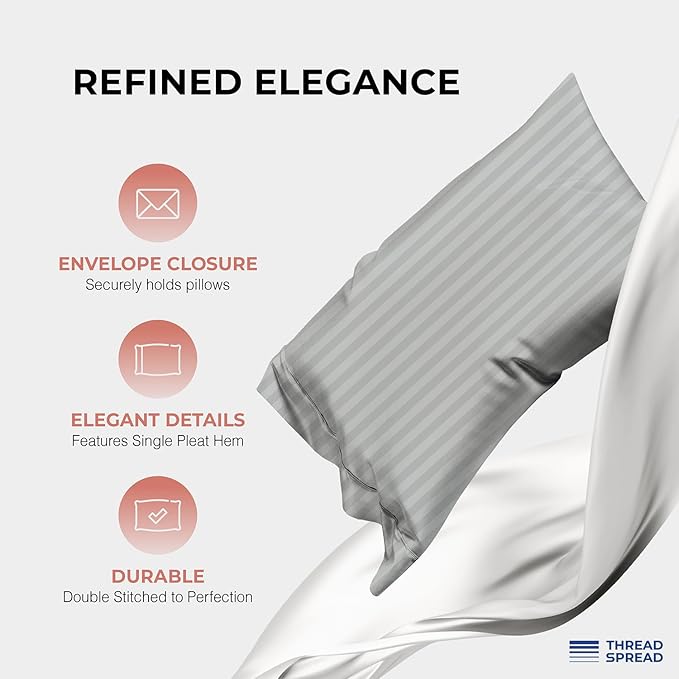 THREAD SPREAD 100% Egyptian Cotton Sheets Queen Size - 1200 Thread Count 4 PC Damask Sheet Set Egyptian Cotton, Sateen Luxury Sheet Queen Size, Soft Sateen Sheets, 17" Deep Pocket - Silver Stripe