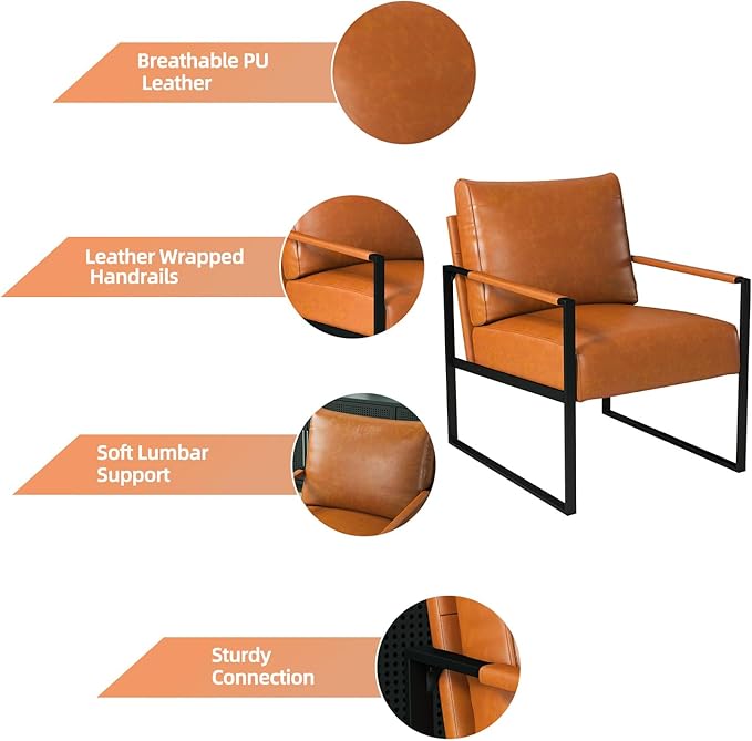 INZOY Leather Accent Chair with Metal Frame Set of 2, Comfy Living Room Chair with Plump Backrest and Cushion, Mid Century Modern Chair with Sturdy Structure, Easy to Clean, Brown