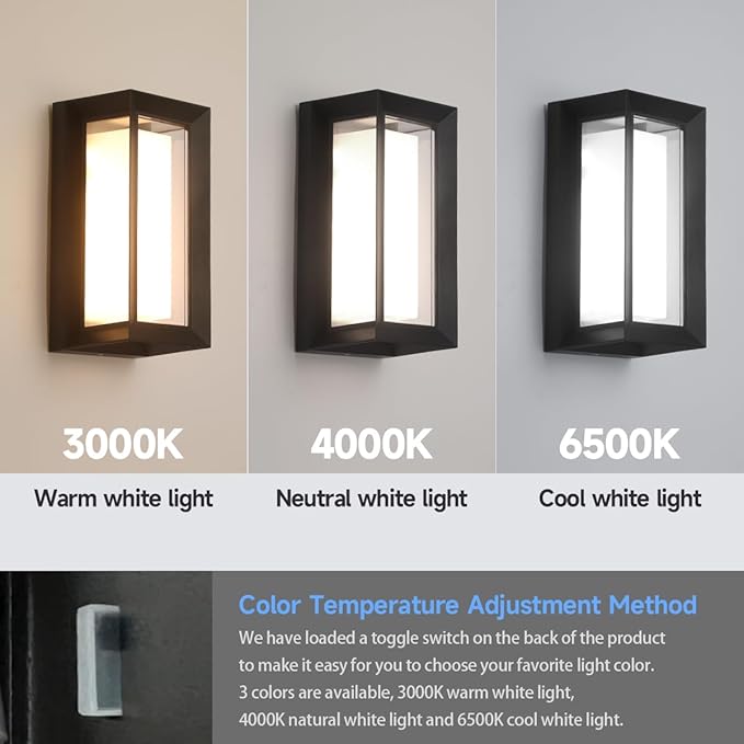 Outdoor Wall Light Fixtures,15%-100% Dimmable,3CCT 3000K/4000K/6500K,2160LM Aluminum Outdoor Modern Wall Lights,10.23 Inch Exterior Waterproof Lanterns,Matte Black Indoor Wall Sconce Art Lights 1 Pack
