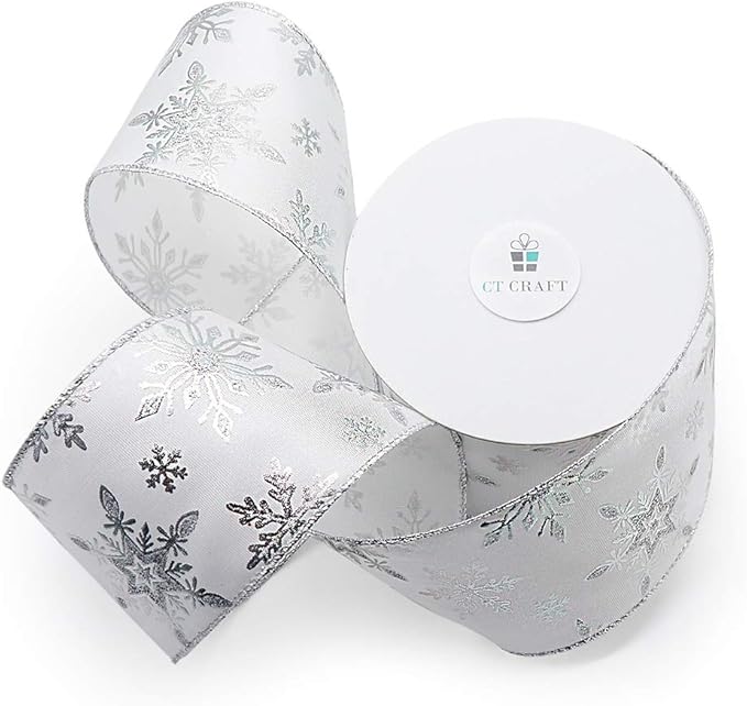 CT CRAFT LLC Satin with Silver Snowflake Wired Ribbon 2.5 Inch x 10 Yards for Christmas Home Decor Tree Topper Bow Gift Wrapping DIY Crafts Wreath Garland