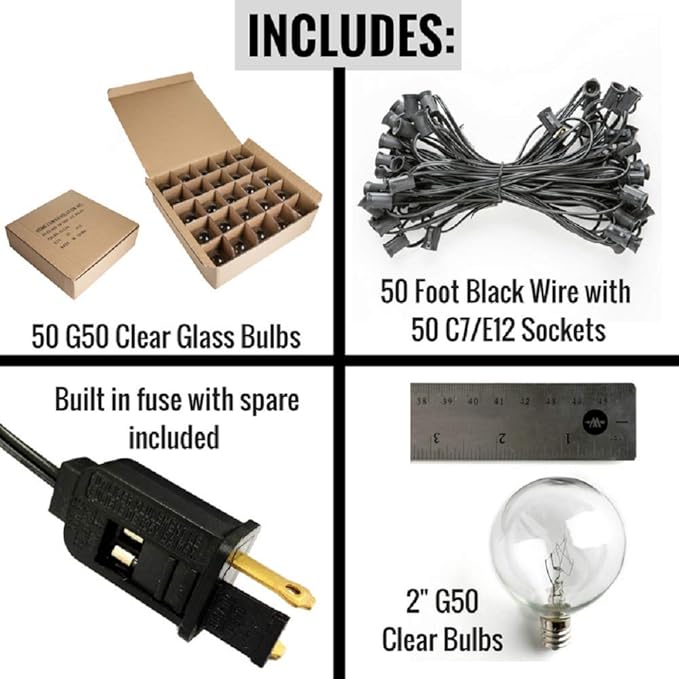 Hometown Evolution, Inc. 50 Foot Outdoor String Lights - Black Wire - 50 G50 Clear 2 Inch Globe Bulbs (+ 2 Free Spares) for Cafe Bistro Market Deck Porch and Party Lighting