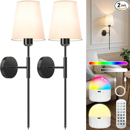 25.6 inch Battery Operated Wall Sconces Set of 2, Wireless Wall Lights with Rechargeable Bulbs & Remote, 15 Colors & Dimmable, Battery Powered Wall Lights for Bedroom, Living Room,Hallway,Black
