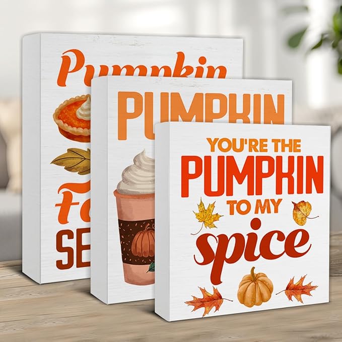 3 Pcs Fall Wood Signs Decor Pumpkin Spice Wood Block Signs Farmhouse Autumn Pumpkin Spice Wooden Box Signs Home Decorations for Kitchen Tiered Tray Desk Table Shelf