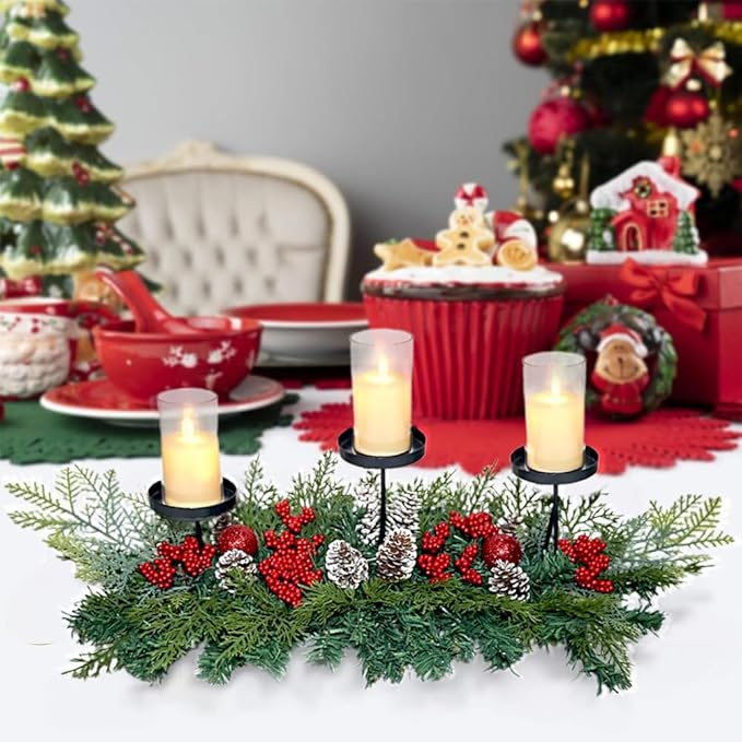 27.6" Christmas Table Centerpiece with Lighs Christmas Candle Holders with 3 Trays Red Berries Balls Pine Cones Christmas Pine Garland Lights Decoration for Centerpiece Table Mantel Holiday Home Decor