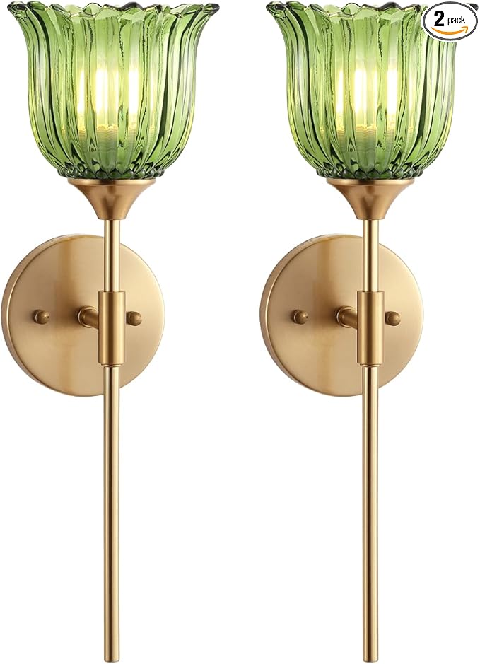 Gold Wall Sconce Set of 2 with Green Glass Shades Modern Mid Century Bathroom Vanity Wall Light Fixtures Industrial Brushed Brass Wall Lamp for Bedroom Mirror Living Room Restaurant
