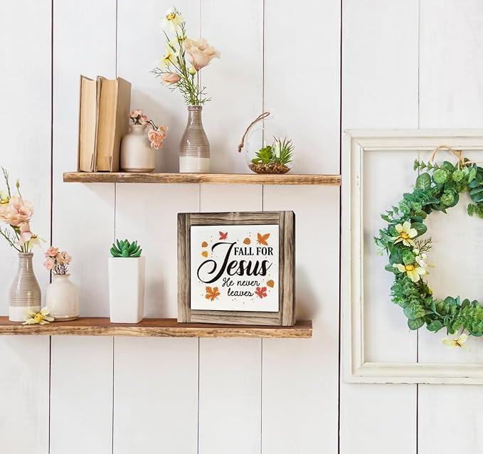 Rustic Wood Sign, Fall Decor, Box Wood Plaques Desk Décor, Maple Leaves Decor, Tabletop Decoration, Shelf Decorative, Decorative Plaques and Signs, Farmhouse Style Home Decoration, Fall for Jesus He Never Leaves