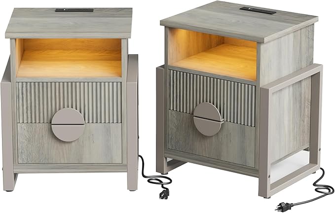 LGHM Set of 2 Large Fluted Nightstand with Charger Station Lights,20.47" W Night Stand with 2 Drawers, Accent Bedside Table and End Table,Semicylinder Drawer Front,Stable Raising Legs,Gray