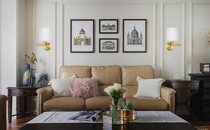 Plug in Wall Sconces with Remote Control, Dimming 10%-100% & Adjustable Colors 2700K-6500K, Hardwire or Plug-in, Swing Arm Wall Lamp with White Fabric Shade, Wall Sconces Set of Two, Gold Finish
