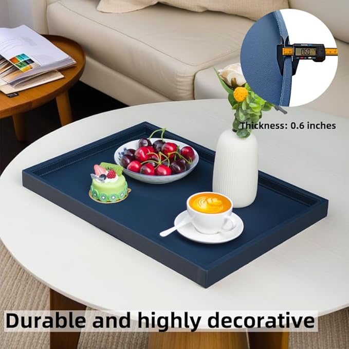 25 * 15 Inch Rectangular Ottoman Tray | Textured PU Leather, Waterproof & Heat-Resistant Storage for Coffee/Dining Tables, Sofa, Bed, Entertainment & Party (Navy Blue, 25 * 15in)