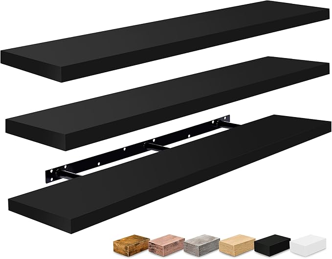 Sorbus Floating Shelves for Wall - 55 Inch Extra-Long Bathroom Shelves, Wall Decor for Bedroom, Kitchen, Living Room, Book Storage - Mounted Floating Shelf with Hidden Brackets (Black, 3 Pack)