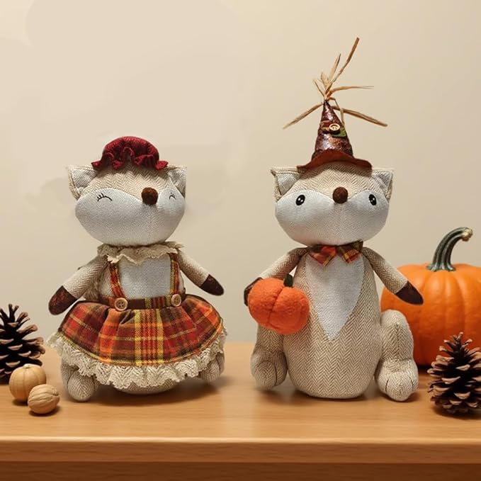 Fall Mantel Decor Thanksgiving Decoration Plushed Fox, 14" Sitting Fox, Table Foxes Animals Figurines, Couple Doll,Handmade Ornaments Autumn Fall Decorations for Home Mantel Fireplace (1set 2pcs)