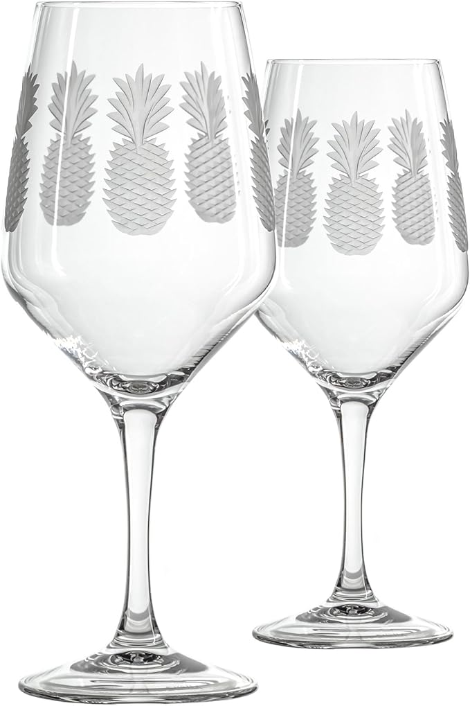 Rolf Glass Fresh Pineapple All Purpose Wine Glass | 19.5oz Stemmed Glass | Lead-Free and Diamond-Wheel Engraved | Tropical Etched Pineapple Design | Coastal Glassware | Set of 2