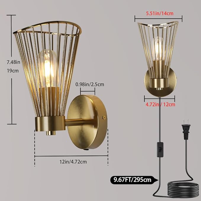 Plug in Wall Sconces Vintage Wall Light with On/Off Switch Gold Modern Wall Lamp with Plug in Cord for Living Room Bedroom Bedside Hallway Vanity