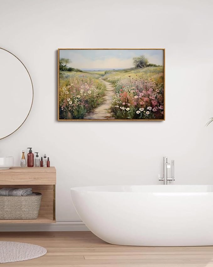 KISSFOX Vintage Wild flower Path Landscape Canvas Wall Art Spring Farmhouse Nature Floral Framed Wall Art Rustic Cottagecore Botanical Painting Art Prints Artwork For Living Room Bedroom Kitchen