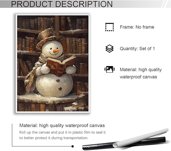 Cute Snowman Reading Book Art posters Christmas Canvas Print Wall Art Christmas Prints Winter Wall Art Snowman Decor Academia Art Holiday Decor 20x30 Unframed