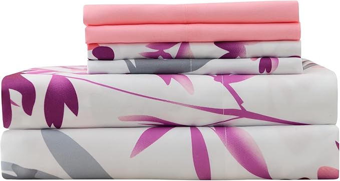 King Size Bed Sheets Set Deep Pockets - 6PC Floral Ultra Soft Microfiber Bed Sheets - Easy to Clean, 90 Thread Count Sheets with Fitted Sheet, Flat Sheet & Pillowcases (Grey/Pink Floral)