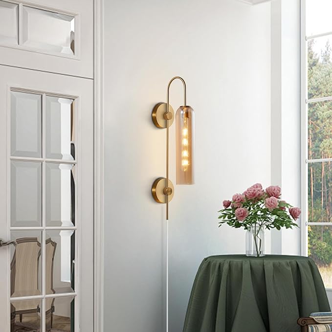 BOKT Modern 1-Light Amber Glass Wall Sconce Plug in Mid Century Brass Gold Wall Sconce Lighting Plug in Cord Industrial Vintage Indoor Long Bathroom Bar Wall Lamp (Amber)